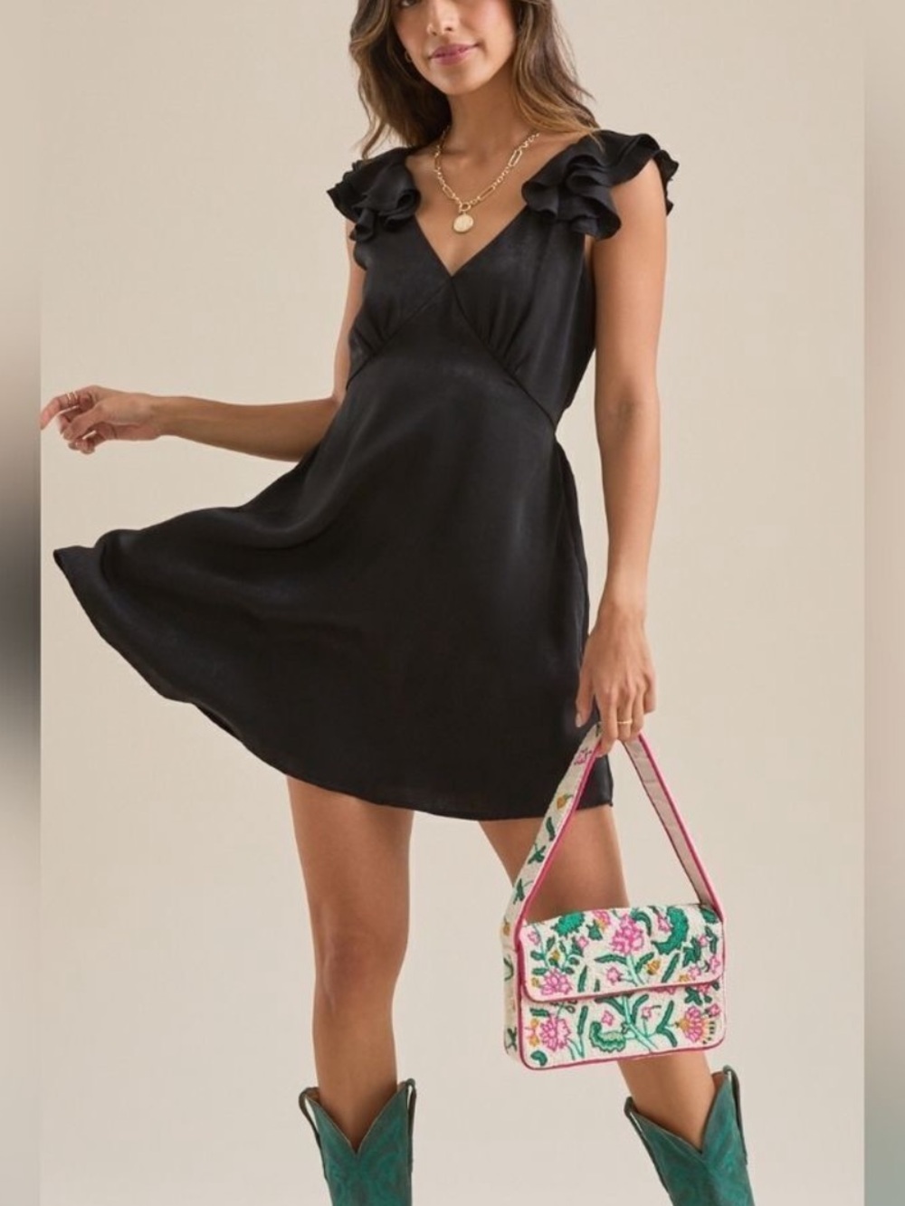 Altar'd State V-Neck Ruffle Shoulder Tie Back Mini Dress, Black, Sz S
